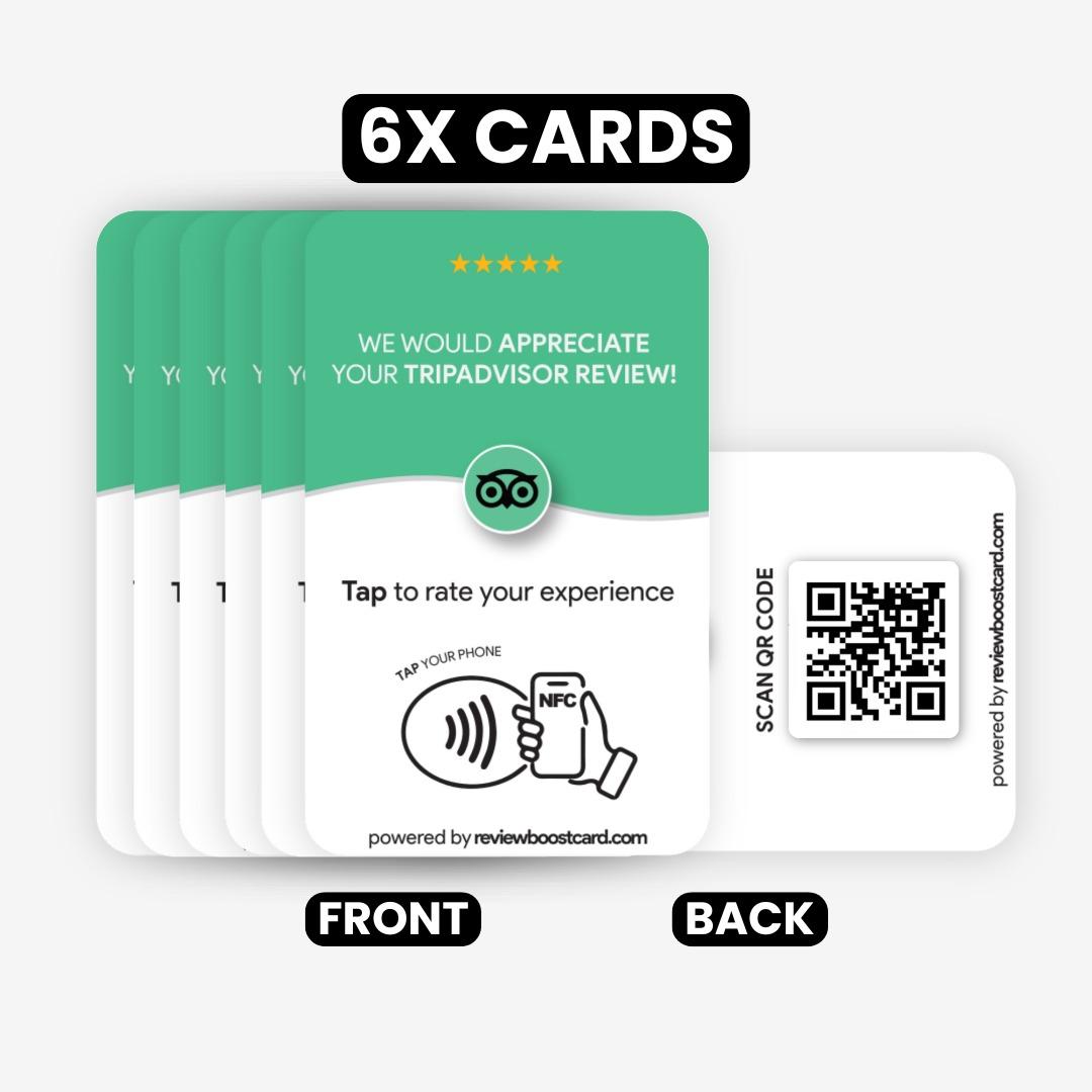 Front and back view of a set of 6 ReviewBoost cards for TripAdvisor reviews. The front side shows the TripAdvisor logo and the NFC icon, while the back side displays a QR code