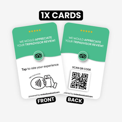 Front and back view of a ReviewBoost card for TripAdvisor reviews. The card prompts users to tap their phone with NFC or scan a QR code to leave a review. The front side shows the TripAdvisor logo and the NFC icon, while the back side displays a QR code