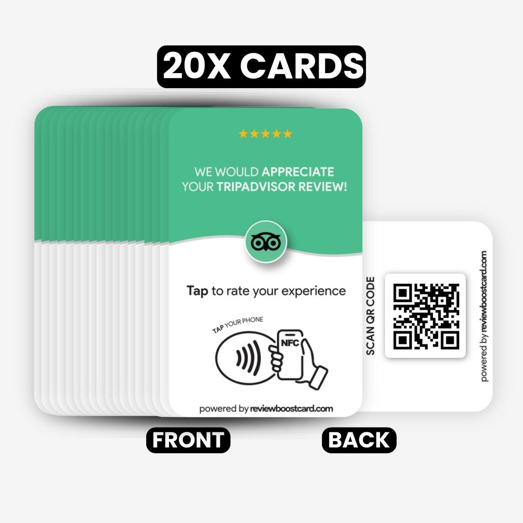 Front and back view of a set of 20 ReviewBoost cards for TripAdvisor reviews. The front side shows the TripAdvisor logo and the NFC icon, while the back side displays a QR code