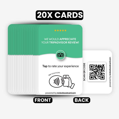 Front and back view of a set of 20 ReviewBoost cards for TripAdvisor reviews. The front side shows the TripAdvisor logo and the NFC icon, while the back side displays a QR code