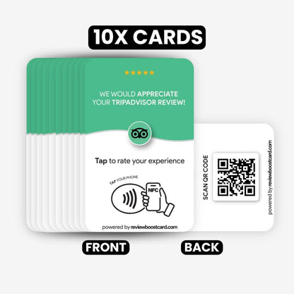 Front and back view of a set of 10 ReviewBoost cards for TripAdvisor reviews. The front side shows the TripAdvisor logo and the NFC icon, while the back side displays a QR code